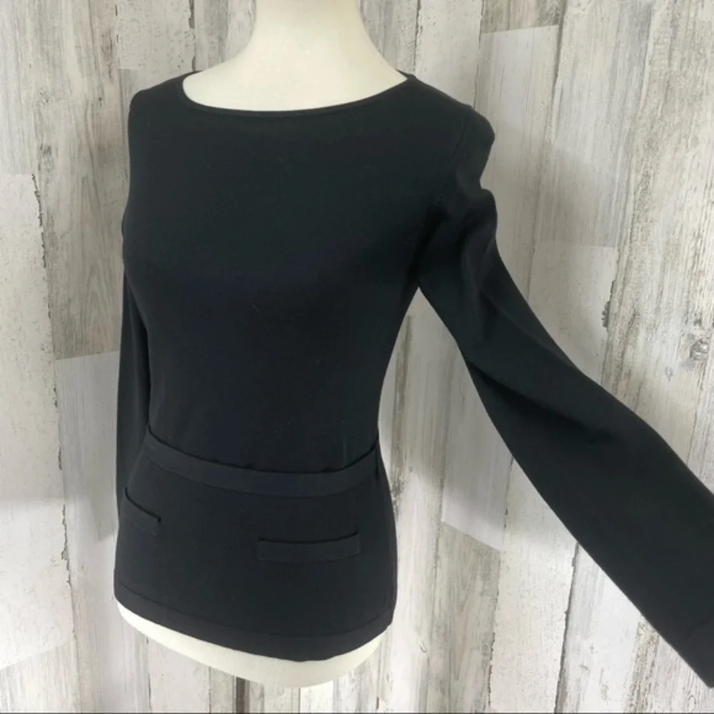 LOFT Women's Black‎ Scoop Neck Long Sleeve Belted Shirt Top Blouse Knit Sz S